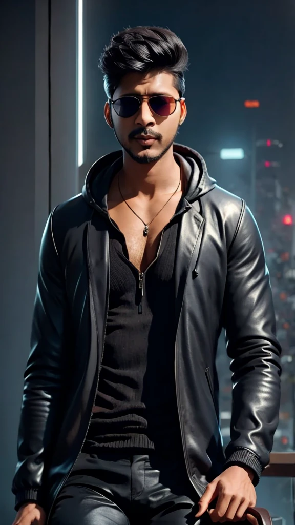 dark blue HUD aviator sunglasses, young Nilesh with black hair and drinking glass and cigarette in hand sitting on coach dressed in cyberpunk clothes wearing black raincoat, beautiful digital painting, artstation