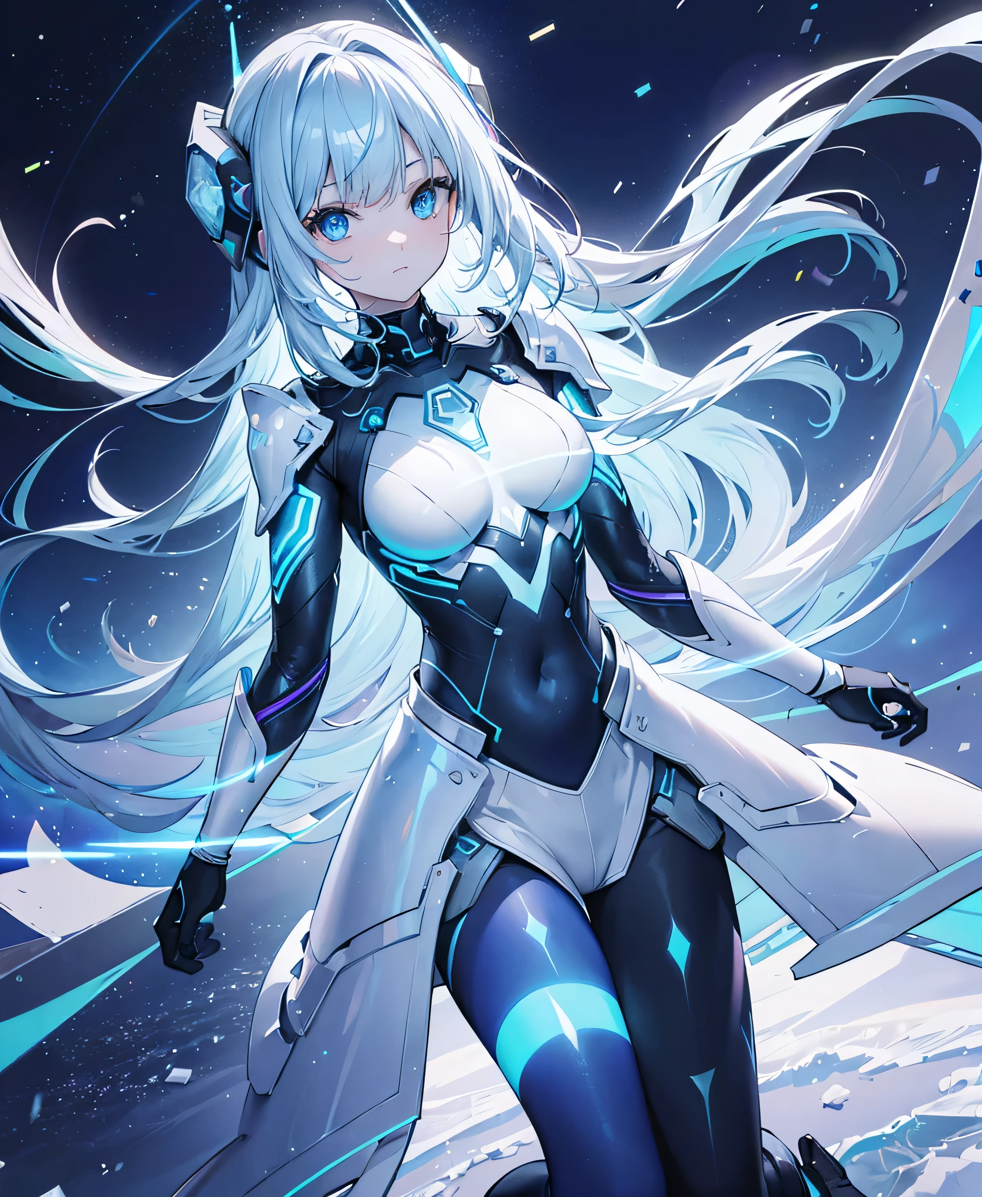 ((Holographic glow effect)),8k, Highest quality, (real:1.4), Original photo, 1 girl, Asari Hair, Biological Amplifier, refined armor, posture: Peace talks between warring factions, smart blue eyes,whole body,Vortex of Light,Band of Light,Wind of Light