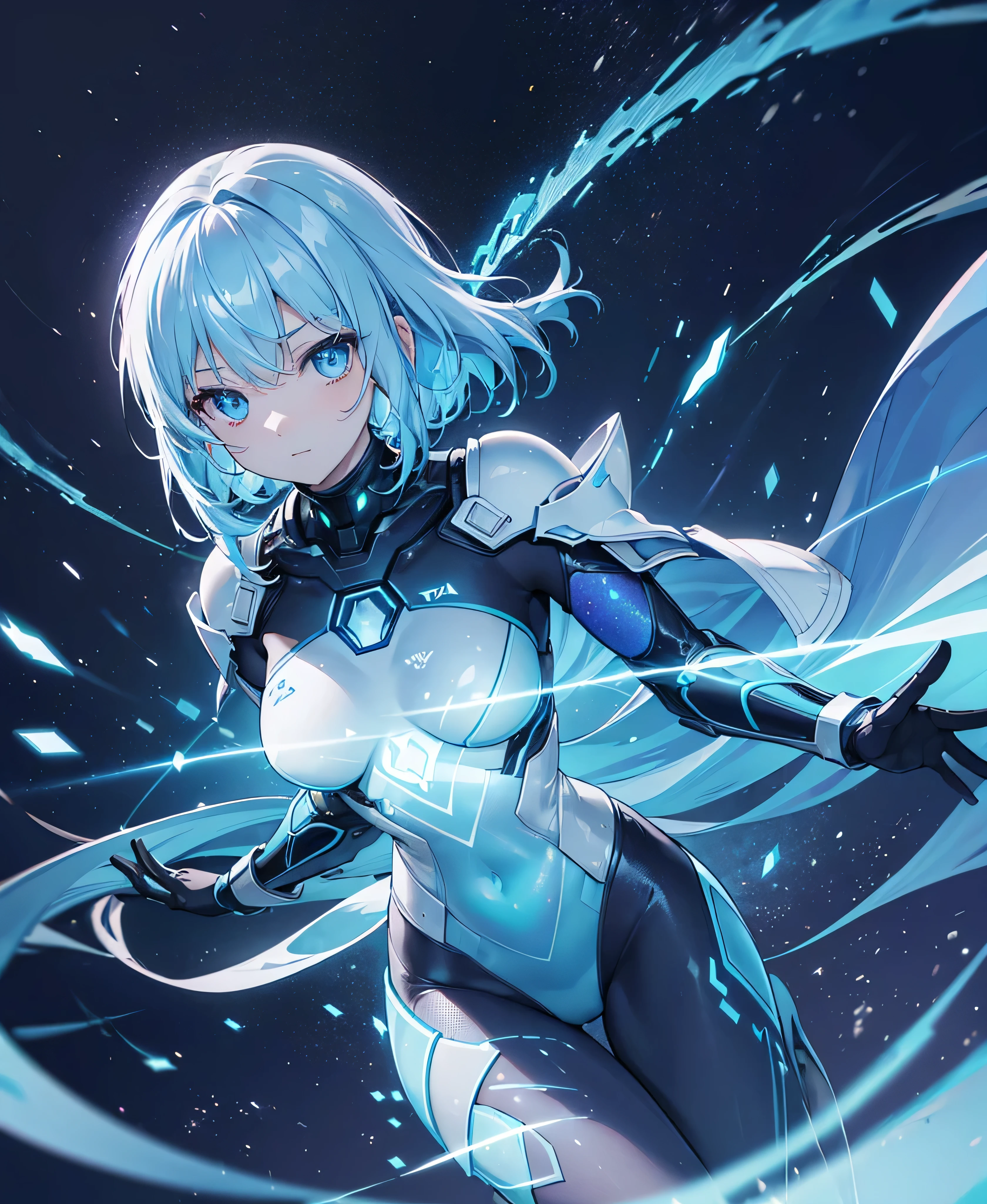 ((Holographic glow effect)),8k, Highest quality, (real:1.4), Original photo, 1 girl, Asari Hair, Biological Amplifier, refined armor, posture: Peace talks between warring factions, smart blue eyes,whole body,Vortex of Light,Band of Light,Wind of Light