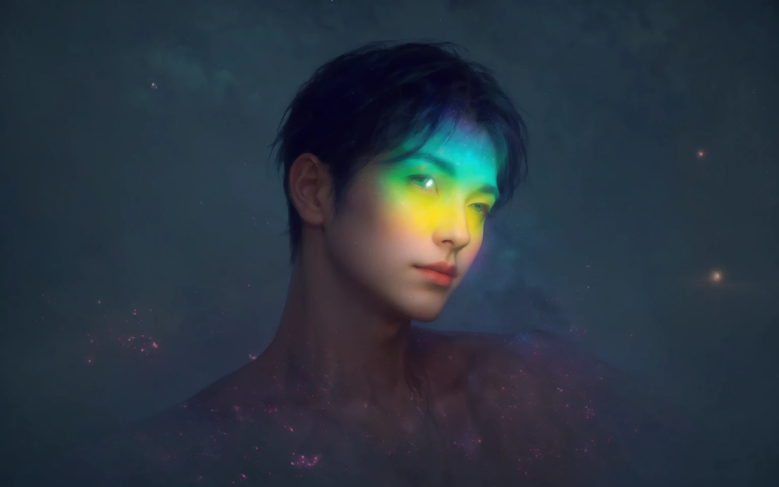 handsome young man, clean-shaven, unmade-up, prominent chest muscles, soft ethereal glow, rainbow light effects on face, dark foggy background, floating particles, cosmic elements, digital painting, highly detailed, smooth blending, realistic yet slightly fantastical, muted dark tones background, vibrant light effects, contrast between light and dark,A young, ethereal man with short, dark hair and a chiseled jawline, bathed in a soft, otherworldly light. The background is a dreamy, expansive scene with floating islands and ancient ruins, overgrown with luminescent vegetation. A vast, starry sky with swirling nebulae and distant planets forms the backdrop. Ethereal, glowing butterflies flit around the scene, adding a sense of magic and wonder. The color palette features deep blues, purples, and hints of green, creating a mystical, serene atmosphere reminiscent of WLOP's iconic fantasy art style.
