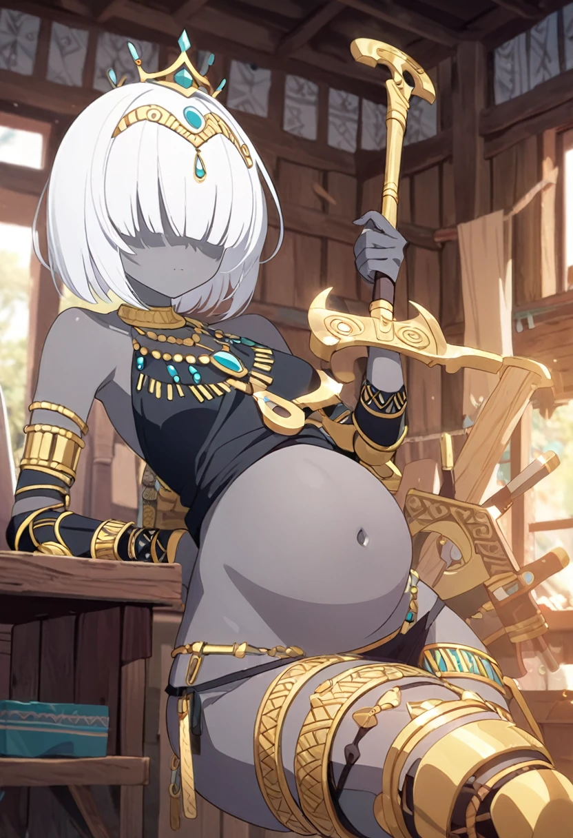 petite flat chested nude Egyptian goddess from head to toe, very dark skin, white hair, red heart shaped eyes whole body showing bare feet, , no underwear, no clothes