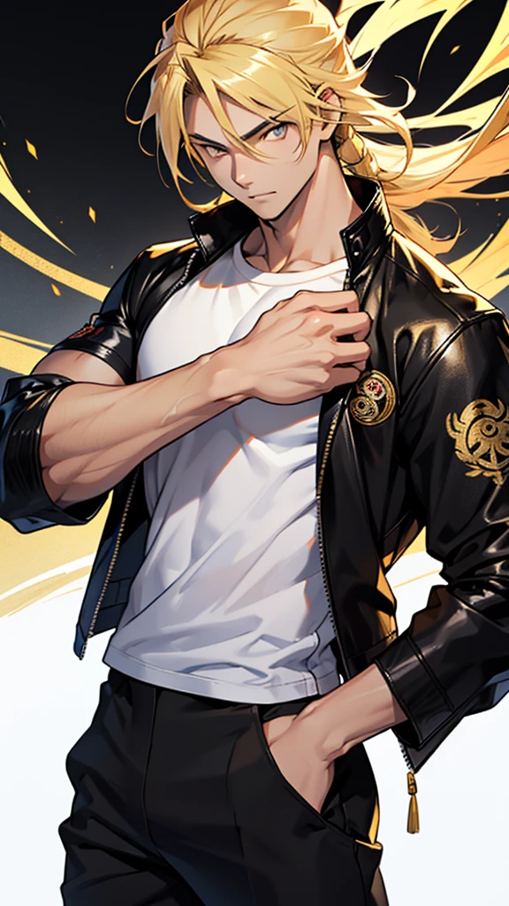 17 year old boy, 1.60 cm tall, gold eyes, long golden blonde hair, thin and muscular, Tokyo Manji gang style and long face, fighter. anime, dressed in a white t-shirt, black long pants and a black leather jacket with Japanese symbols. Very muscular body