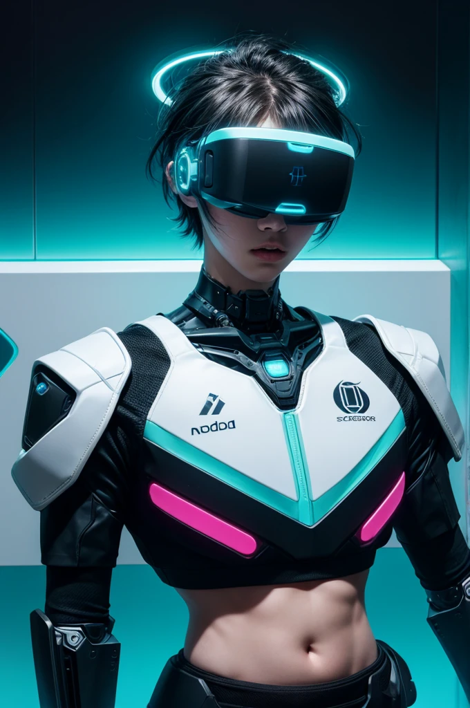 best quality, head-mounted display,
(1 white boy), young 16 year old twink, sexy twink, skinny twink, exposed belly and lower chest, surrounded by azure neon, short black hair, short black hair, NodesTech mascara, NodesTech headdress, wearing crop top cyborg armor
BREAK sci-fi background, detailed background,  azure neon background, data  