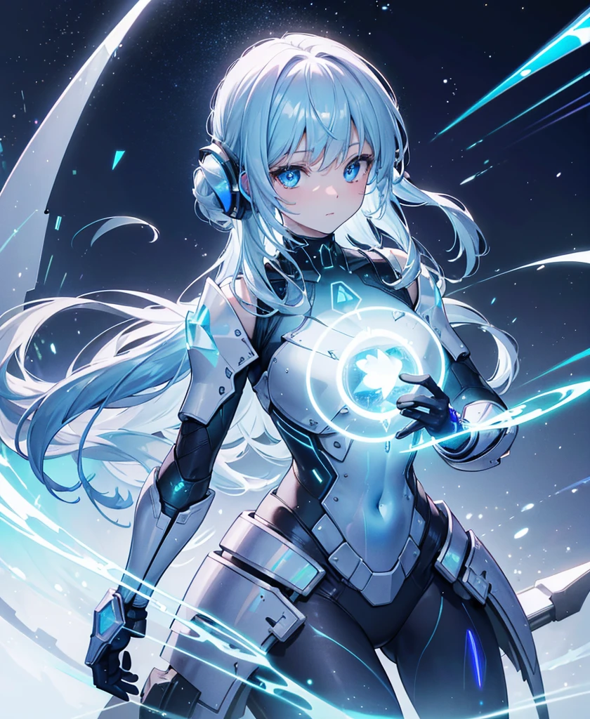 ((Holographic glow effect)),8k, Highest quality, (real:1.4), Original photo, 1 girl, Asari Hair, Biological Amplifier, refined armor, posture: Peace talks between warring factions, smart blue eyes,whole body,Vortex of Light,Band of Light,Wind of Light