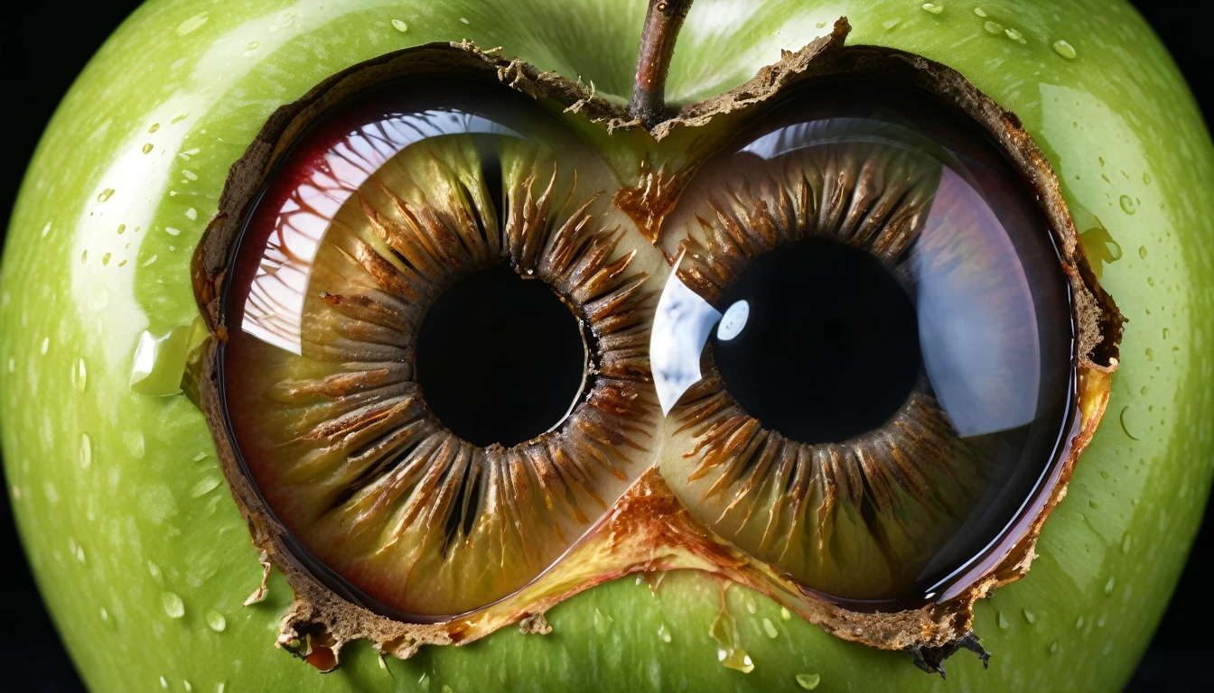 Reflection in the eye shows an image of an apple, half-rotten, illustrating internal decay and neglect.