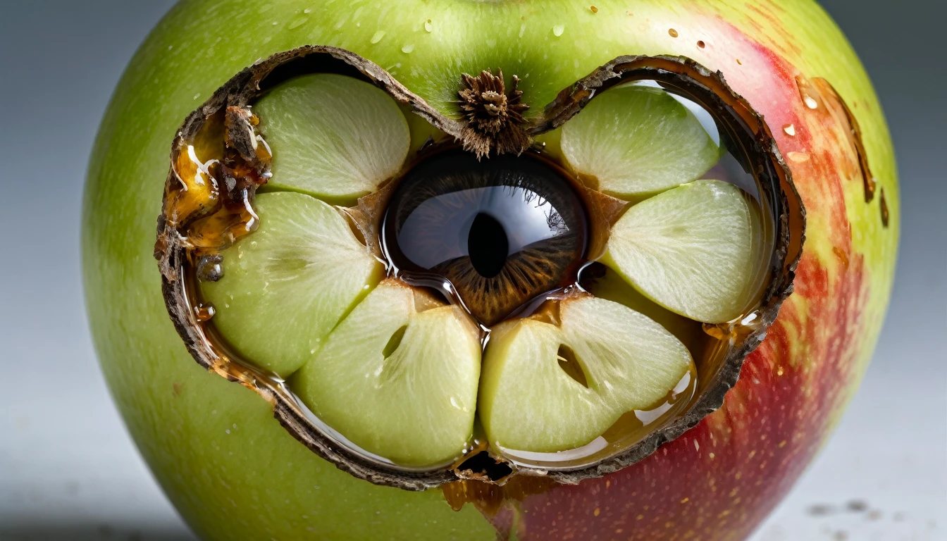 Reflection in the eye shows an image of an apple, half-rotten, illustrating internal decay and neglect.