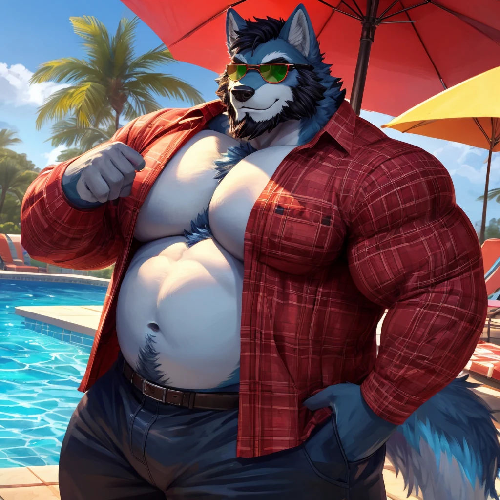 ((best quality)), ((masterpiece)), (Ultra detailed), ((4k)).

Anthro Wolf , Light Blue Fur , Short Hair(Red Color) , Beard(Black Color) , Handsone , Good Looking , Green Eyes ,(Eyes Details), Middle Ages , Huge Pecs , muscle Fat Belly , cute pose , sunglasses , Pool Party

Long Sleeve Shirt , Thight long Pant , Model