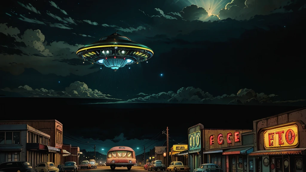 a ufo sighting in 1950s small town, UFO, flying saucer, ufo sighting, popping colors, contrast, detailed realistic cinematic scene, cinematic lighting, dramatic sky with clouds, abandoned vintage car, old-fashioned buildings, neon signs, 1950s era atmosphere, vibrant colors, hyper-realistic, 8k, ultra-detailed