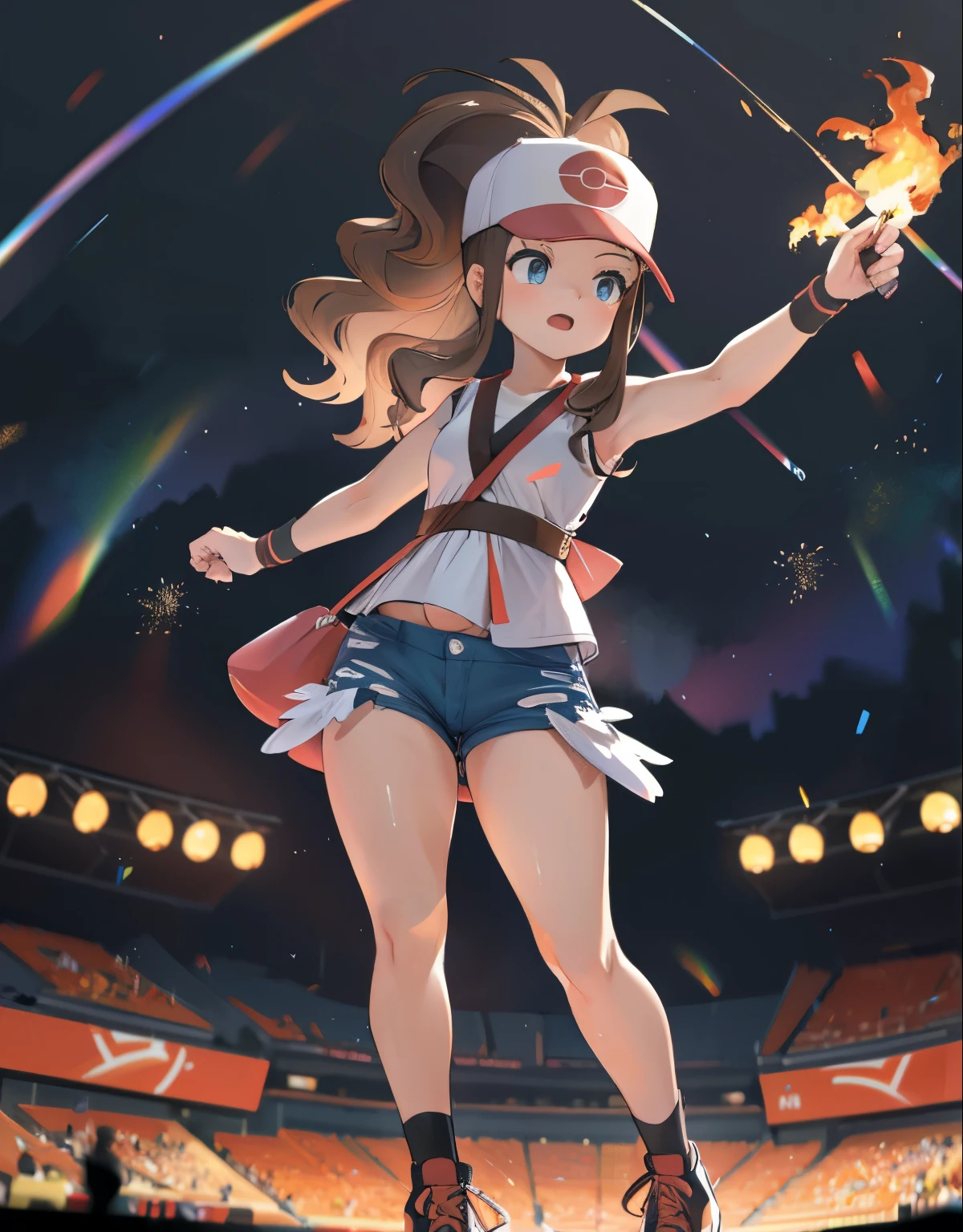 (best quality,4k,8k,highres,masterpiece:1.2), ultra-detailed, realistic:1.37, HDR, studio lighting, vivid colors, bokeh, hilda pokemon, def1, full body, curvy girl, clenched fists, from below, look up to, detailed eyes, beautiful eyes, arms outstretched, twirling, revolving, in mid air, visible thighs, chubby thighs, thighs in the foreground, in a stadium