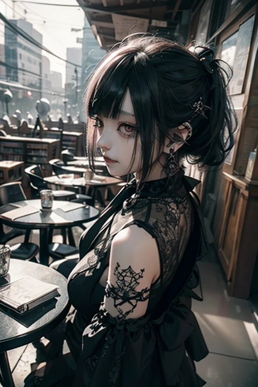 (Photorealistic:1.4, Tabletop:1..3, 8k), masterpiece, Ultra-high resolution, Highest quality、8k、masterpiece:1.3、Gothic Punk、The whole body is visible、The inside color is red、Black-haired、hair ornaments、Beautiful girl、creative、Dark Fantasy Style、Neogoth、Goth Fashion:1.2,The background is the library,