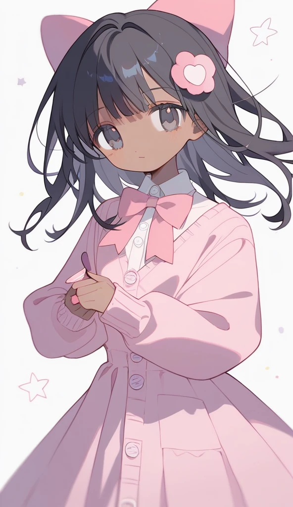 1girl,solo,core_9,score_8_up,score_7_up,Expressiveh,rating_safe,(masterpiece, best quality), 

straight hair,straight bangs,dark skin,black eyes,pastel pink long skirt,pink crocs,pastel pink cardigan with buttons and bow,pink bow on hair,black hair,black hair