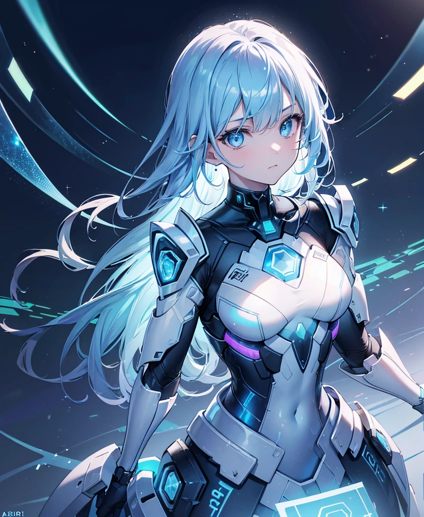 ((Holographic glow effect)),8k, Highest quality, (real:1.4), Original photo, 1 girl, Asari Hair, Biological Amplifier, refined armor, posture: Peace talks between warring factions, smart blue eyes,whole body