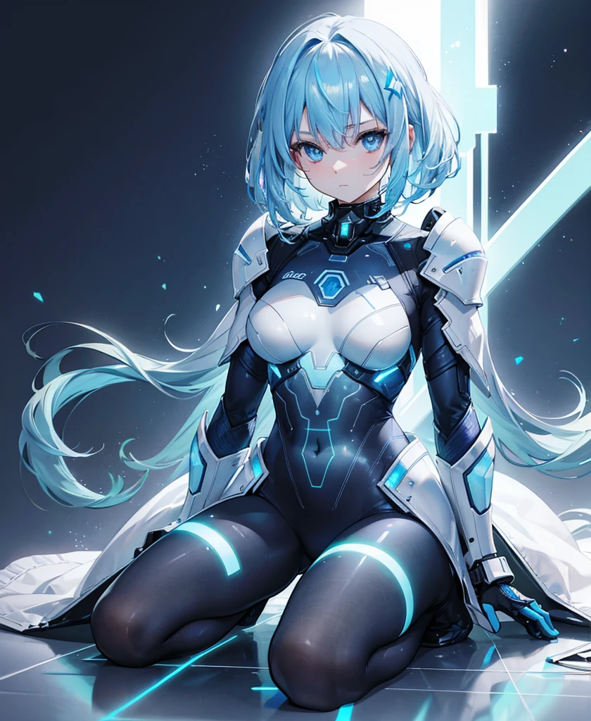 ((Holographic glow effect)),8k, Highest quality, (real:1.4), Original photo, 1 girl, Asari Hair, Biological Amplifier, refined armor, posture: Peace talks between warring factions, smart blue eyes,whole body