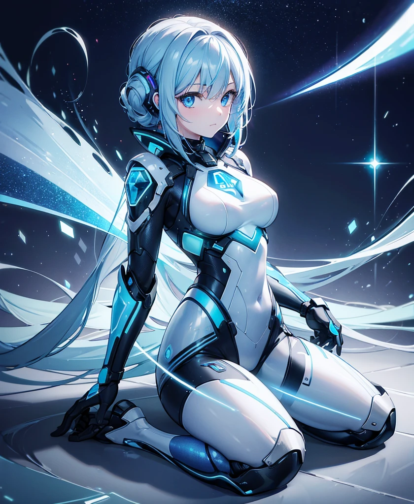 ((Holographic glow effect)),8k, Highest quality, (real:1.4), Original photo, 1 girl, Asari Hair, Biological Amplifier, refined armor, posture: Peace talks between warring factions, smart blue eyes,whole body