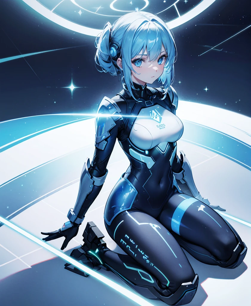 ((Holographic glow effect)),8k, Highest quality, (real:1.4), Original photo, 1 girl, Asari Hair, Biological Amplifier, refined armor, posture: Peace talks between warring factions, smart blue eyes,whole body