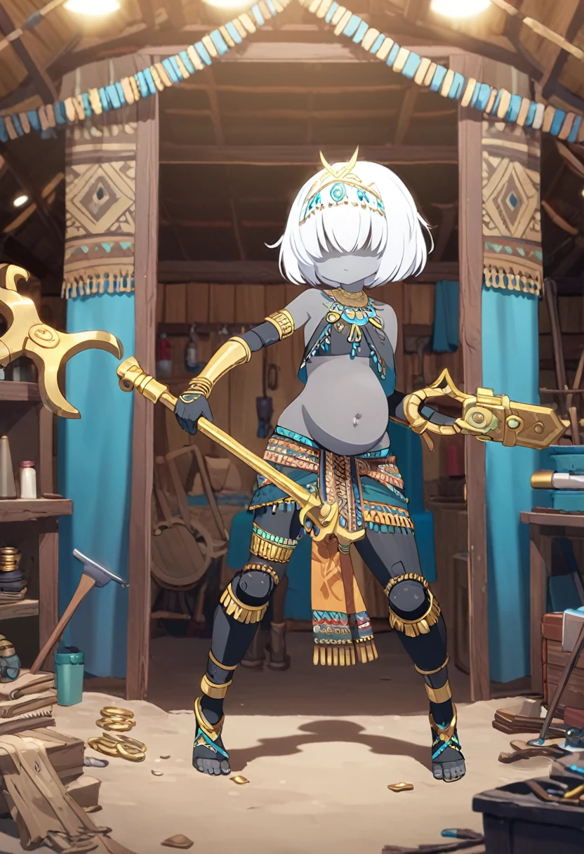 1girl, gold rings, jewelry, necklacke, white hair, very short hair, hair over eyes, grey skin, aqua eyes, belly, black tribal clothing, sleeveless, yellow veil around the arms, turquoise tiara, tribal tiara, golden wrench, workshop, tribal house, prosthetic legs, (masterpiece), best quality, anime style, fullbody