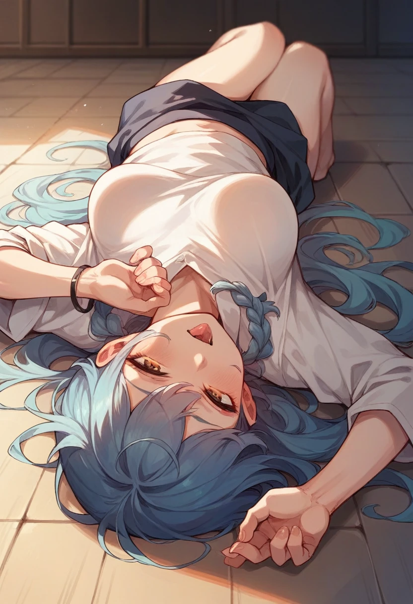 Sexy japanese girl laying on the floor licking