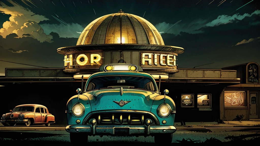 a ufo sighting in 1950s small town, UFO, flying saucer, ufo sighting, popping colors, contrast, detailed realistic cinematic scene, cinematic lighting, dramatic sky with clouds, abandoned vintage car, old-fashioned buildings, neon signs, 1950s era atmosphere, vibrant colors, hyper-realistic, 8k, ultra-detailed