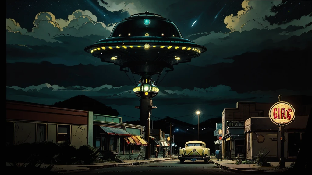 a ufo sighting in 1950s small town, UFO, flying saucer, ufo sighting, popping colors, contrast, detailed realistic cinematic scene, cinematic lighting, dramatic sky with clouds, abandoned vintage car, old-fashioned buildings, neon signs, 1950s era atmosphere, vibrant colors, hyper-realistic, 8k, ultra-detailed
