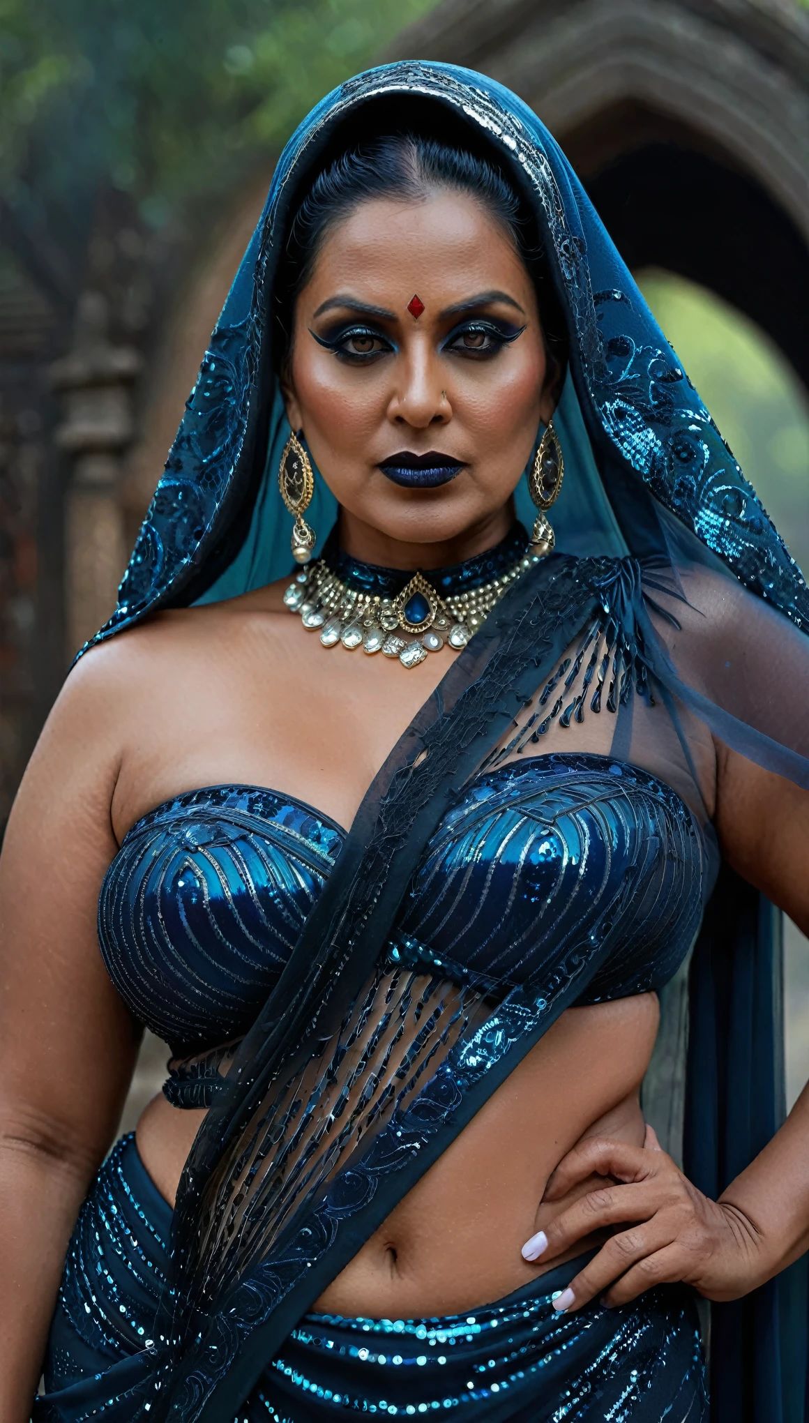 Looks like Sreelekha Mitra, full body Closeup shot, Big chubby aunty, milf, cougar lady witch, horny Gothic milf, 70 years old gorgeous mature lady, pervert demoness, demoness of lust, curvy, black lips, horny face, extremely gorgeous, thick figure, heavy physique, voluptuous, curvy, sexy figure, Fashionable portrait of androgynous alien looking witch wearing veil, glowing eyes, futuristic design, minimal details, givenchy, photoreal, 200mm, hd, f/ 2.0, highly detailed, surreal, sexy beautiful evil woman, sexy bold sequin Saree with strapless Bra, chudail, Pishachini, horror genre, blood-thirsty enchantress, powerful female spirit, eerie, drop dead, in the style of red and blue, (intricate details, hyperdetailed:1.15) (skin texture:1.2), dark Moody tone, cinematic lighting, haunted place in background,