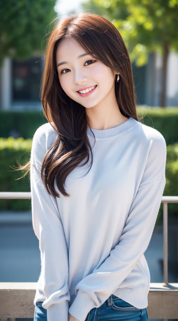(top-quality、16K resolution) 1 girl、solo、natural soft light、smile, Looking at the camera、Long sleeve white T-shirt、Concrete background、Facing the front、is standing、Woman in her late s、Light bangs、Salon model、Natural look、portlate、floated hair、Rolled hair