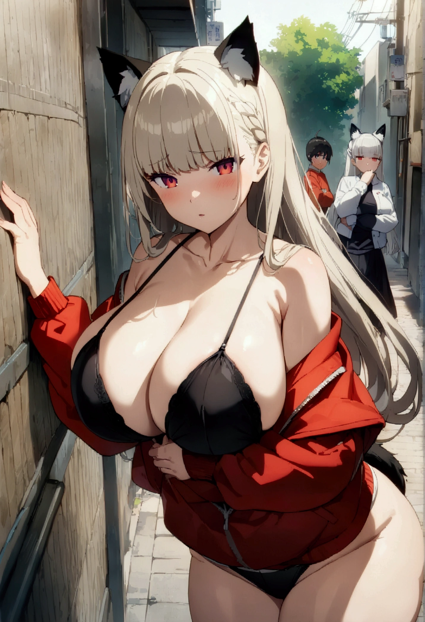 (High Definition:1.3), (Professional Photography:1.2), (very aesthetic:1.2), (absurdres:1.2), (sharp focus), (perfect light), 2girls, anatomically accurate, catgirl, enormous size, silvery long white hair, fiery red eyes, black cat ears, black swaying tail, voluptuous figure, large breasts, (giant black tank bra), red windbreaker jacket, shy-seductive face, seductive allure, endearing formidable, street, Tokyo, wall, laying on the wall, crossed arms, (Anime:1.3), cowboy shot, ((Masterpiece)), ((best quality)), (super detail:1.2)