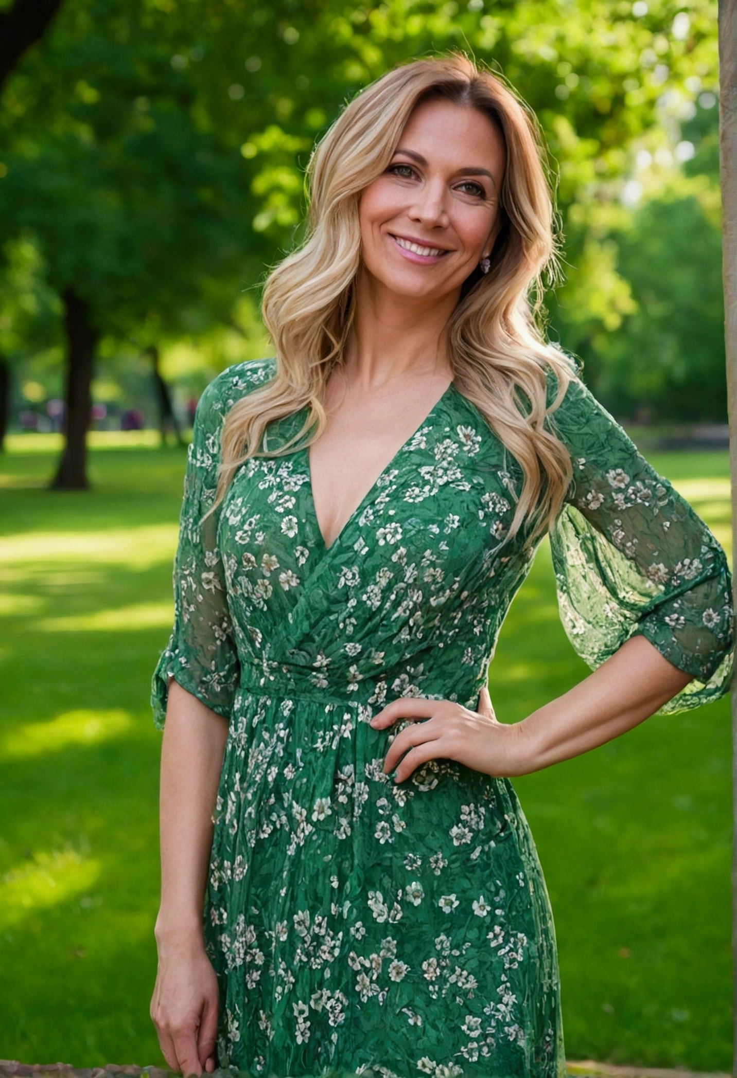 A 38-year-old beautiful brunette woman with blonde dyed hair is posing standing in a green park, wearing a long green all-over dress with a small light flower pattern, looking at the camera and smiling.