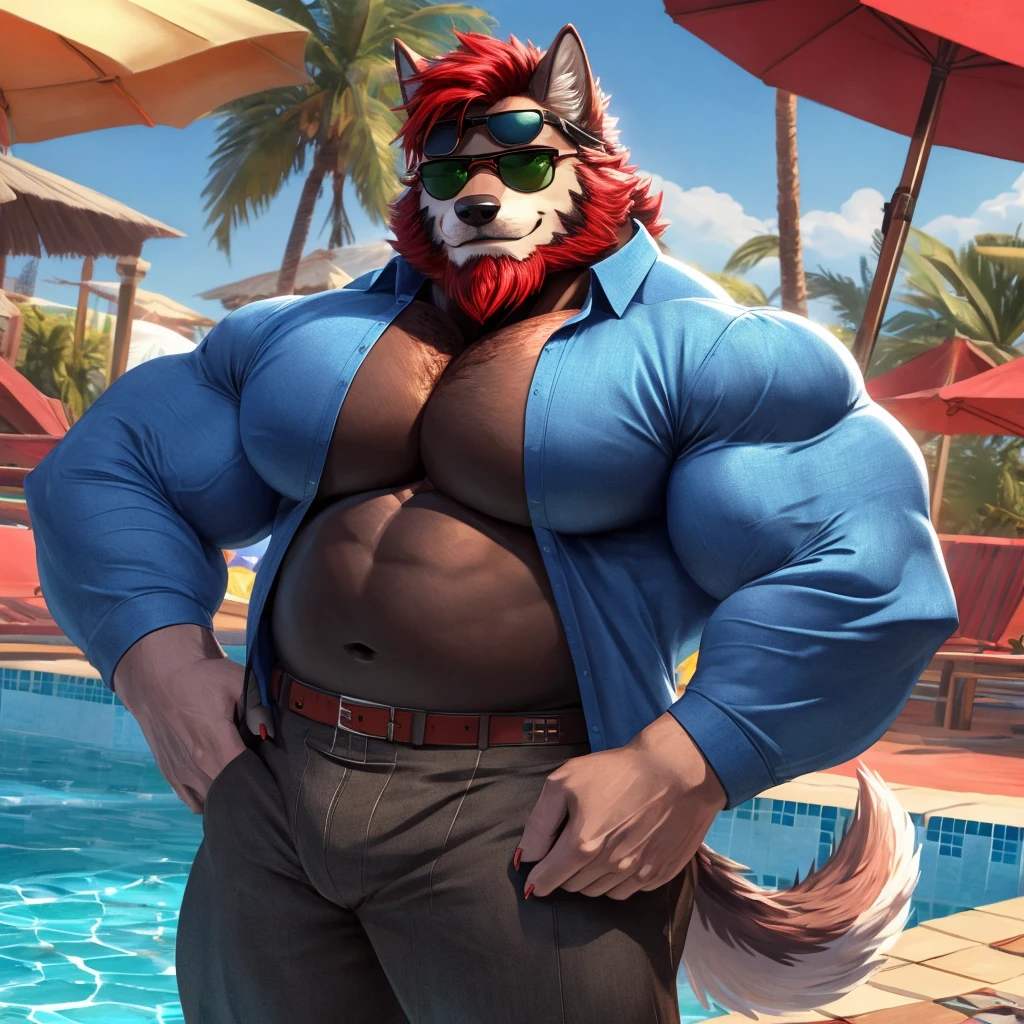 ((best quality)), ((masterpiece)), (Ultra detailed), ((4k)).
Anthro Wolf , Light Blue Fur , Short Hair,(Red Hair Color) , Beard, (Black Beard Color) , Handsone , Good Looking , Green Eyes ,(Eyes Details), Middle Ages , Huge Pecs , muscle Fat Belly , cute pose , sunglasses , Pool Party
Long Sleeve Shirt , Thight long Pant , Model