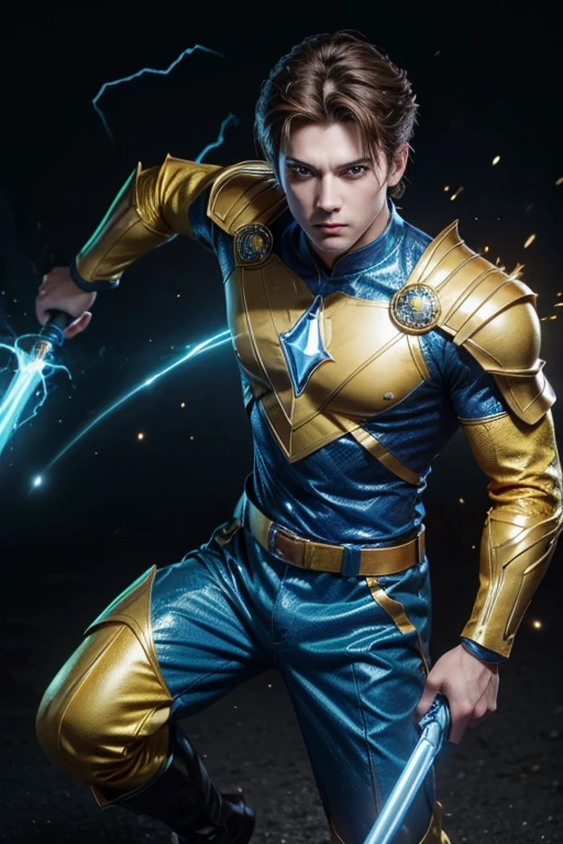 man with brown hair, blue eyes with special glowing effect, hero costume with blue on the pants and shirt and yellow with gold details and boots, hand with yellow lightning sword