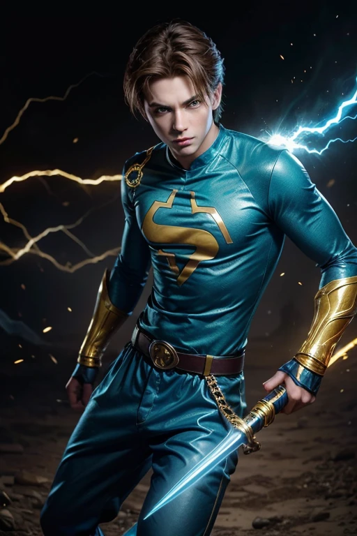man with brown hair, blue eyes with special glowing effect, hero costume with blue on the pants and shirt and yellow with gold details and boots, hand with yellow lightning sword