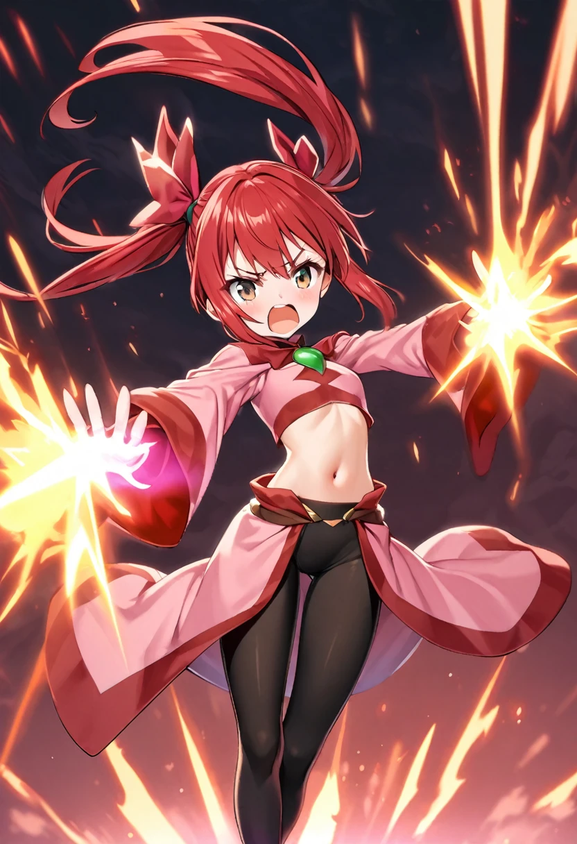 Red hair in pig tails, dark mage, thin waist, energy blast from hands, pink robe, show navel, black leggings, 18 years old girl