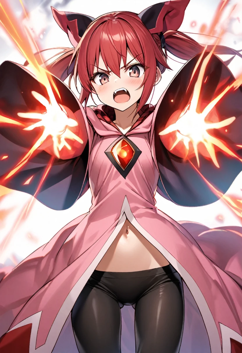 Red hair in pig tails, dark mage, thin waist, energy blast from hands, pink robe, show navel, black leggings, 18 years old girl