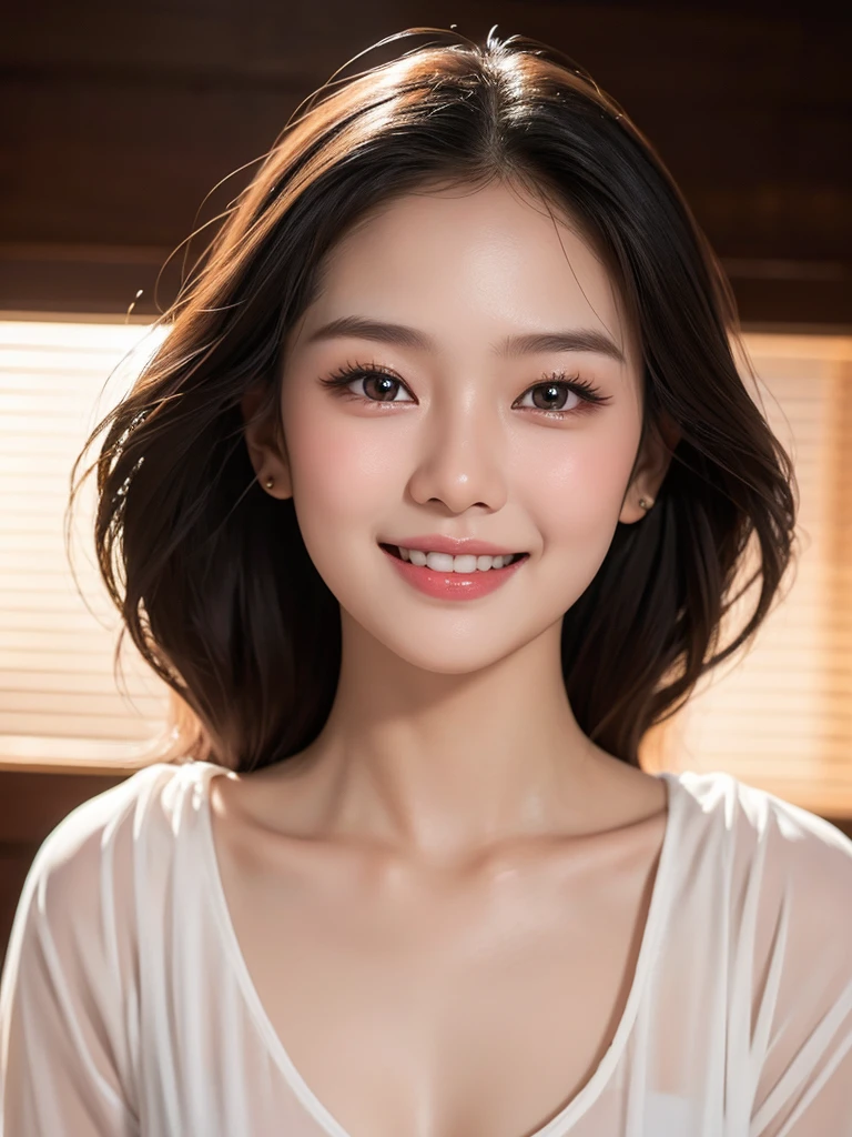 best quality, 4K, 8K, Masterpiece:1.2, Very detailed, realistic.:1.37, Portrait, 
1 thai cute girl. 22 years old.
,she looks like Idol
,Beautifully detailed eyes, Beautifully detailed lips, perceptive eyes, black hair,thin, pure and simple, calm expression,
She smiled brightly and cheerfully without parting her lips,
, Bedroom background, bright lights, wear wet white shirt not buttoned, Not wearing a bra
1 Thai Girl, She smiled brightly,
Very Detailed, Dynamic Post, Dynamic angle, Cowboy Shot, 