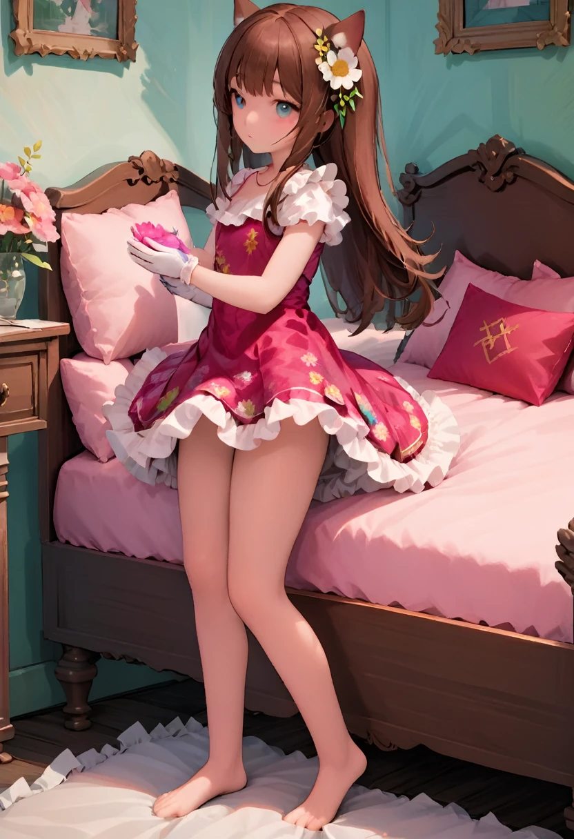 (Style-Princess) (1 man, 1 catgirl) (hetero, couple) (crossdressing, fully clothed) (brown hair, blue eyes) (portrait) (women's clothes only) (women's beautifully feminine skintight velvet floral print frilly girly pink adorable ballet leotards:1.4) (white pantyhose, no shoes) (tiaras, pink shoulder-length silk gloves:1.3) (woman's bedroom, four-poster bed) (lying down, hugging, bending knee) (intimacy, playfulness, closeness)