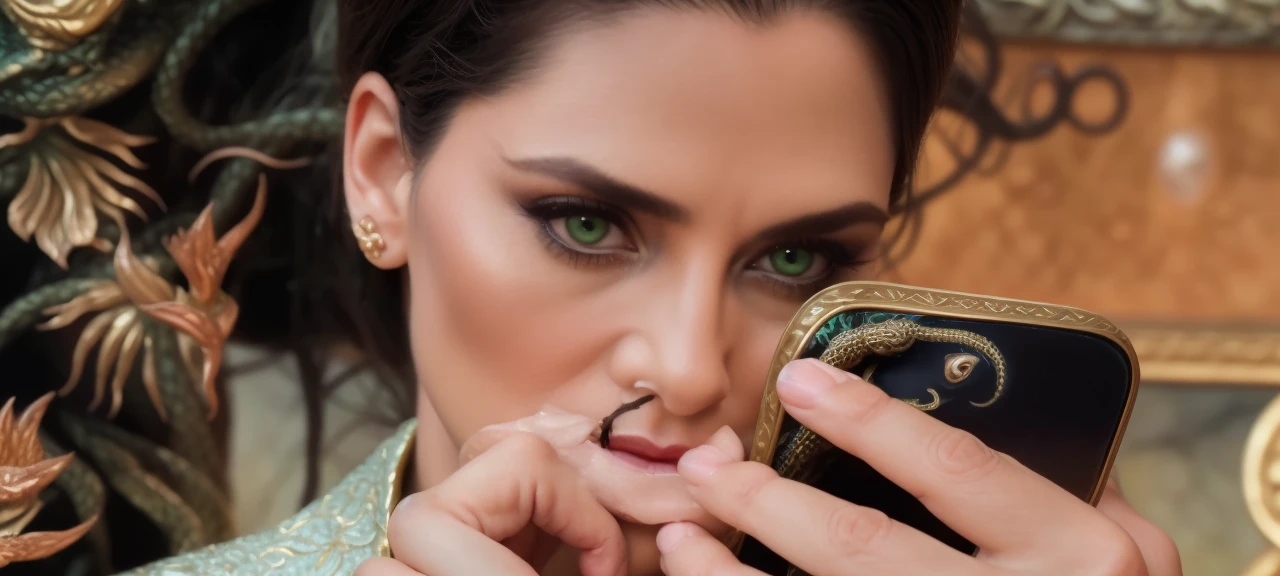 50yo mature MILF ,((best quality)), ((masterpiece)), ((realistic)), Medusa, full body, the hair  composed of countless small snakes, green eyes, female face,metal carved top, royal aura, trend on artstation , sharp focus, studio photo, intricate detail, very detailed, detailed eye, illustration, very detailed, sharp focus, digital render, professional, 4k