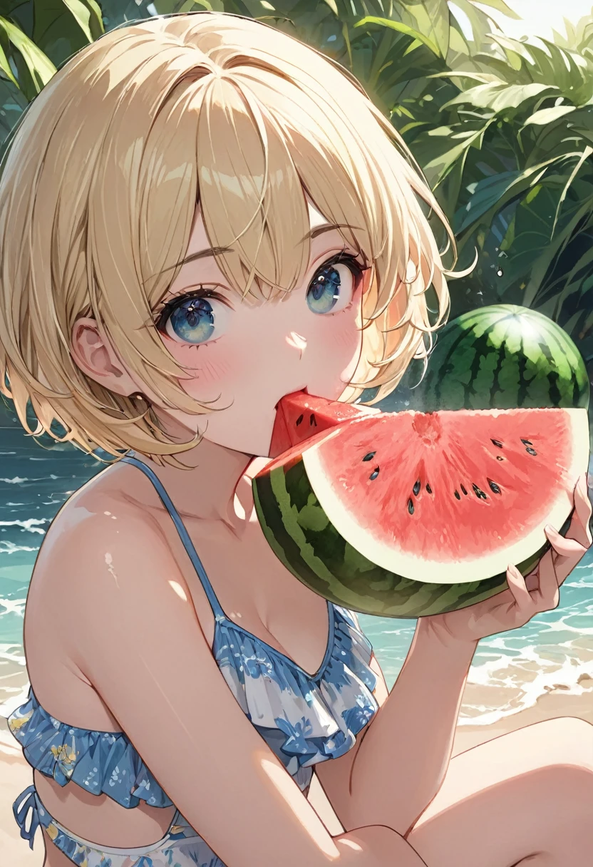 One girl, blonde short hair, wearing a swimsuit and eating Watermelon,(((masterpiece))), (((best quality))), ((ultra-detailed)), (illustration), (detailed light),((an extremely delicate and beautiful)),(beautiful detailed eyes),