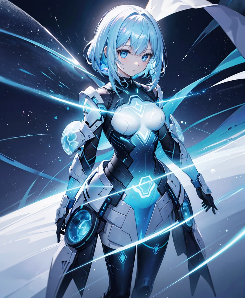 ((Holographic glow effect)),8k, Highest quality, (real:1.4), Original photo, 1 girl, Asari Hair, Biological Amplifier, refined armor, posture: Peace talks between warring factions, smart blue eyes,whole body,Vortex of Light,Band of Light,Wind of Light