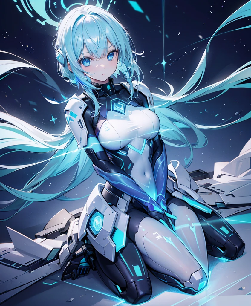 ((Holographic glow effect)),8k, Highest quality, (real:1.4), Original photo, 1 girl, Asari Hair, Biological Amplifier, refined armor, posture: Peace talks between warring factions, smart blue eyes,whole body,Vortex of Light,Band of Light,Wind of Light
