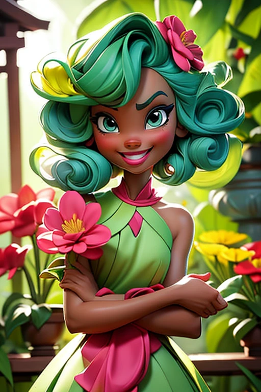 he lush green and green leaves of a peaceful garden adorn the surface of a vibrant Watercolor cartoon girl, but with a deep smile on her face, she smiles widely at a tall pot filled with bubbling water. Holding a vibrant red flower with a delicate stem, she stands in front of it, her eyes wide with joy. As she gazes out at the sky, the sky begins to sparkle, and the girl's bright smile captures her attention. She's surrounded by other colorful watercolor fusion shapes, making this watercolor scene unforgettable.