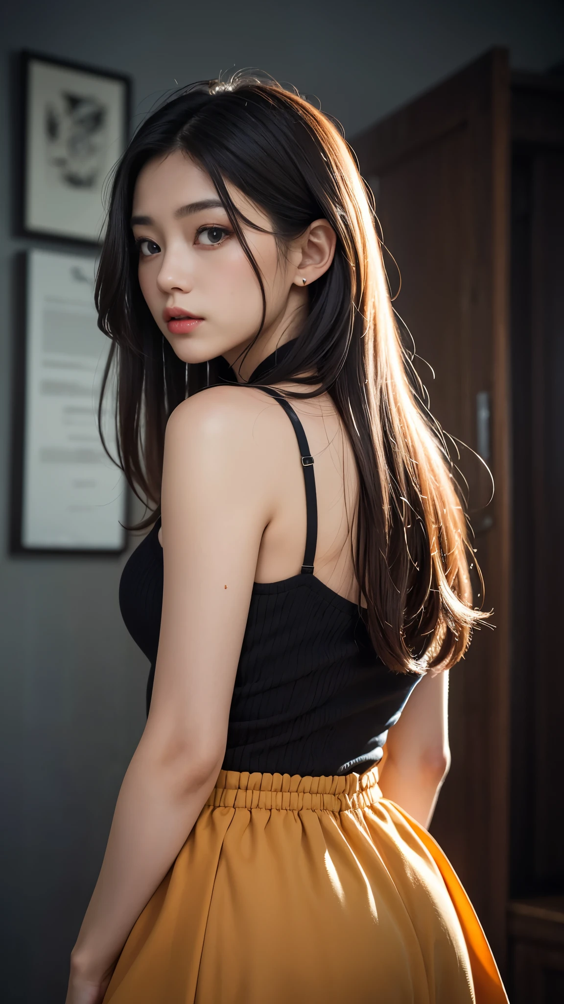 (Best quality,8k,high resolution,masterpiece:1.2)，Digital Artwork，A girl，Delicate face，Delicate eyes，Dark brown hair，Straight Hair，Shining amber eyes，Red lips，suspender long skirt，particle，dust，Warm colors，shy，in love，Eevee drawing，Men&#39;s white collar shirt，necklace，Jewelry，Pretty Face，Large Breasts，more than_Body，Tyndall effect，lifelike，Dark Studio，(HD Skin:1.2)，8k Ultra HD，Soft Light，high quality，Edge lighting，Two-color lighting，Volumetric Lighting，frank，Professional photography，超high resolution，8k，Bokeh，Shallow depth of field