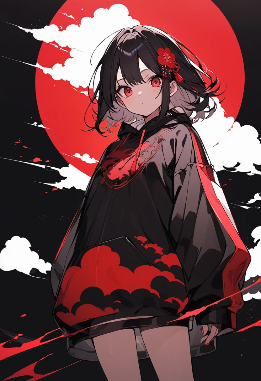 Red Cloud,Girl with red cloud motif,Accentuated body lines,Pitch black background,Ultra see-through Japanese style hoodie,(A body line where clothes are visible),See-through inner,Angle from below,