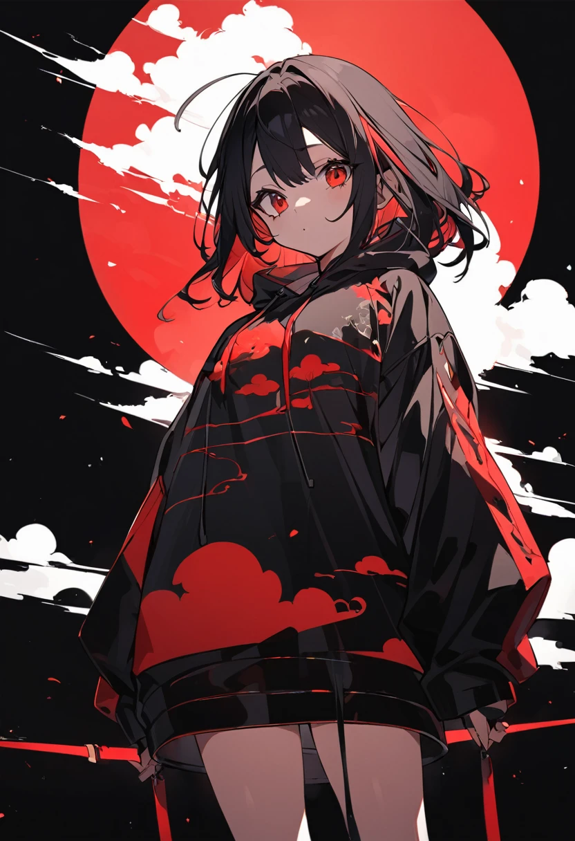 Red Cloud,Girl with red cloud motif,Accentuated body lines,Pitch black background,Ultra see-through Japanese style hoodie,(A body line where clothes are visible),See-through inner,Angle from below,