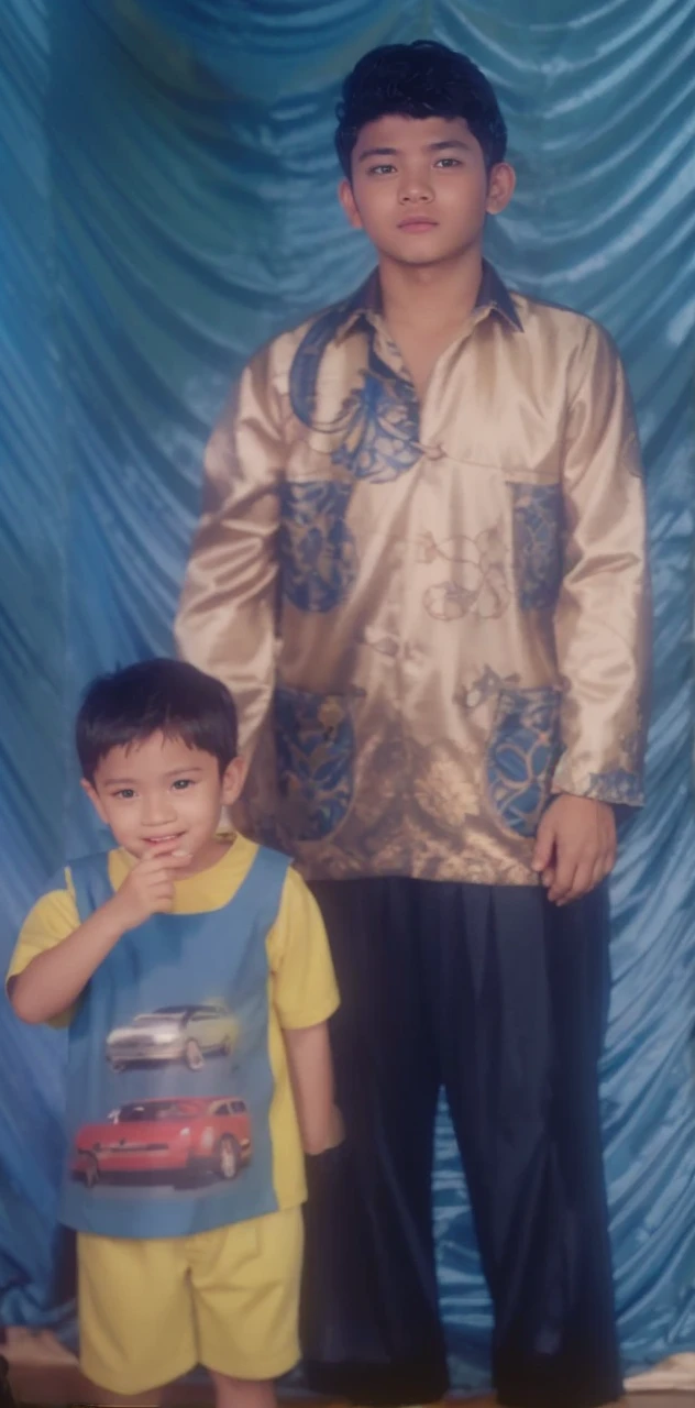 Boy in yellow blue clothes with a car image and yellow shorts, next to him a man wearing a black songkok with brown batik clothes with black pants, they are standing posing for the camera, the background is blue curtain