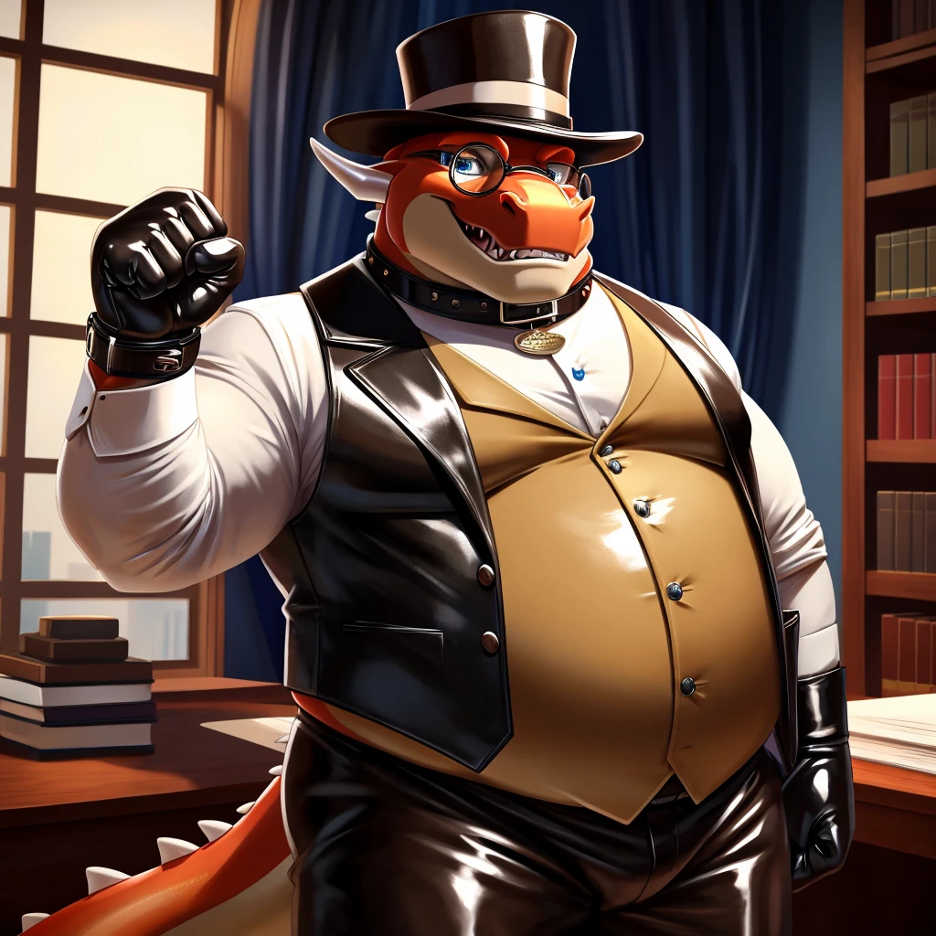 Solo, Male, fat, extremely obese, gentleman, dapper Professor Dragon, mob boss, blue eyes, (posing:1.3), (soft shading), 4k, hi res, ((detailed face, detailed)), looking at viewer, mouth wide open, dapper clothing, collared shirt with buttons, bowler hat, male focus, Explorer Outfit, glasses, monocle, vest with buttons, sleeves rolled up, round eyewear, brown headwear, brown vest, office, Dragon is wearing a glossy leather dog collar around the neck, Dragon is wearing the leather collar and shirt and vest at the same time, Dragon is wearing glossy white rubber gloves on the hands, wearing white rubber gloves on the feet, gloves are rubber in texture, clenching teeth, clenching fists, leather collar is glossy and shiny with a lot of detail, Dragon is wearing gloves and leather collar at the same time, leather collar has a round dog-tag, leather collar is thick and detailed, leather collar is glossy and shiny, fancy clothing, dapper vest, dapper shirt, leather collar is thick, glossy leather collar, dapper leather collar.
