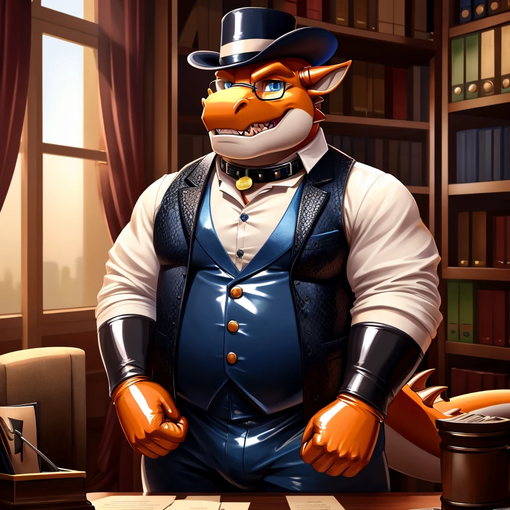 Solo, Male, fat, extremely obese, gentleman, dapper Professor Dragon, mob boss, blue eyes, (posing:1.3), (soft shading), 4k, hi res, ((detailed face, detailed)), looking at viewer, mouth wide open, dapper clothing, collared shirt with buttons, bowler hat, male focus, Explorer Outfit, glasses, monocle, vest with buttons, sleeves rolled up, round eyewear, brown headwear, brown vest, office, Dragon is wearing a glossy leather dog collar around the neck, Dragon is wearing the leather collar and shirt and vest at the same time, Dragon is wearing glossy white rubber gloves on the hands, wearing white rubber gloves on the feet, gloves are rubber in texture, clenching teeth, clenching fists, leather collar is glossy and shiny with a lot of detail, Dragon is wearing gloves and leather collar at the same time, leather collar has a round dog-tag, leather collar is thick and detailed, leather collar is glossy and shiny, fancy clothing, dapper vest, dapper shirt, leather collar is thick, glossy leather collar, dapper leather collar.