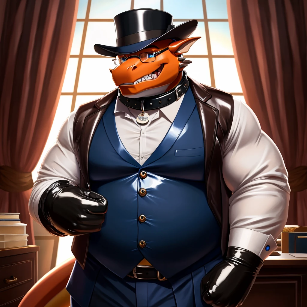 Solo, Male, fat, extremely obese, gentleman, dapper Professor Dragon, mob boss, blue eyes, (posing:1.3), (soft shading), 4k, hi res, ((detailed face, detailed)), looking at viewer, mouth wide open, dapper clothing, collared shirt with buttons, bowler hat, male focus, Explorer Outfit, glasses, monocle, vest with buttons, sleeves rolled up, round eyewear, brown headwear, brown vest, office, Dragon is wearing a glossy leather dog collar around the neck, Dragon is wearing the leather collar and shirt and vest at the same time, Dragon is wearing glossy white rubber gloves on the hands, wearing white rubber gloves on the feet, gloves are rubber in texture, clenching teeth, clenching fists, leather collar is glossy and shiny with a lot of detail, Dragon is wearing gloves and leather collar at the same time, leather collar has a round dog-tag, leather collar is thick and detailed, leather collar is glossy and shiny, fancy clothing, dapper vest, dapper shirt, leather collar is thick, glossy leather collar, dapper leather collar.
