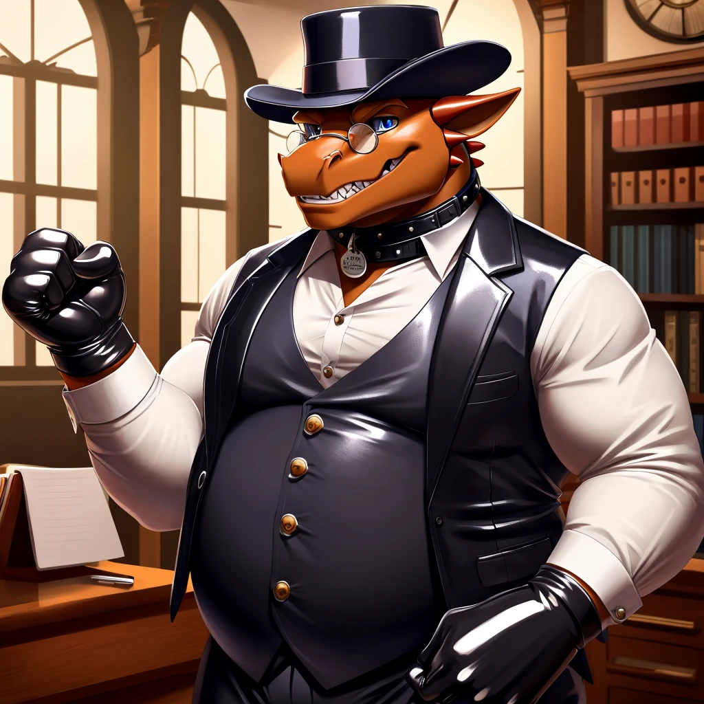 Solo, Male, fat, extremely obese, gentleman, dapper Professor Dragon, mob boss, blue eyes, (posing:1.3), (soft shading), 4k, hi res, ((detailed face, detailed)), looking at viewer, mouth wide open, dapper clothing, collared shirt with buttons, bowler hat, male focus, Explorer Outfit, glasses, monocle, vest with buttons, sleeves rolled up, round eyewear, brown headwear, brown vest, office, Dragon is wearing a glossy leather dog collar around the neck, Dragon is wearing the leather collar and shirt and vest at the same time, Dragon is wearing glossy white rubber gloves on the hands, wearing white rubber gloves on the feet, gloves are rubber in texture, clenching teeth, clenching fists, leather collar is glossy and shiny with a lot of detail, Dragon is wearing gloves and leather collar at the same time, leather collar has a round dog-tag, leather collar is thick and detailed, leather collar is glossy and shiny, fancy clothing, dapper vest, dapper shirt, leather collar is thick, glossy leather collar, dapper leather collar.