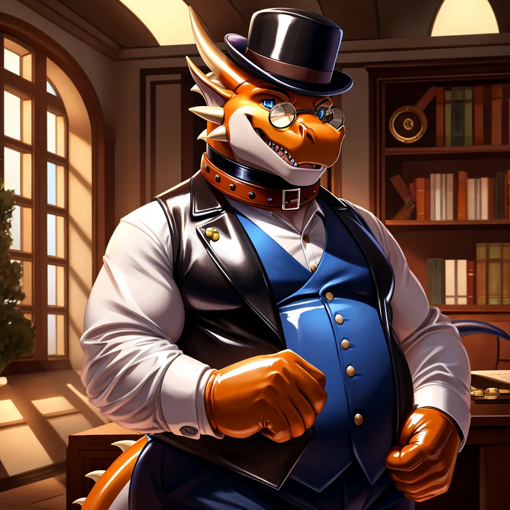 Solo, Male, fat, extremely obese, gentleman, dapper Professor Dragon, mob boss, blue eyes, (posing:1.3), (soft shading), 4k, hi res, ((detailed face, detailed)), looking at viewer, mouth wide open, dapper clothing, collared shirt with buttons, bowler hat, male focus, Explorer Outfit, glasses, monocle, vest with buttons, sleeves rolled up, round eyewear, brown headwear, brown vest, office, Dragon is wearing a glossy leather dog collar around the neck, Dragon is wearing the leather collar and shirt and vest at the same time, Dragon is wearing glossy white rubber gloves on the hands, wearing white rubber gloves on the feet, gloves are rubber in texture, clenching teeth, clenching fists, leather collar is glossy and shiny with a lot of detail, Dragon is wearing gloves and leather collar at the same time, leather collar has a round dog-tag, leather collar is thick and detailed, leather collar is glossy and shiny, fancy clothing, dapper vest, dapper shirt, leather collar is thick, glossy leather collar, dapper leather collar.