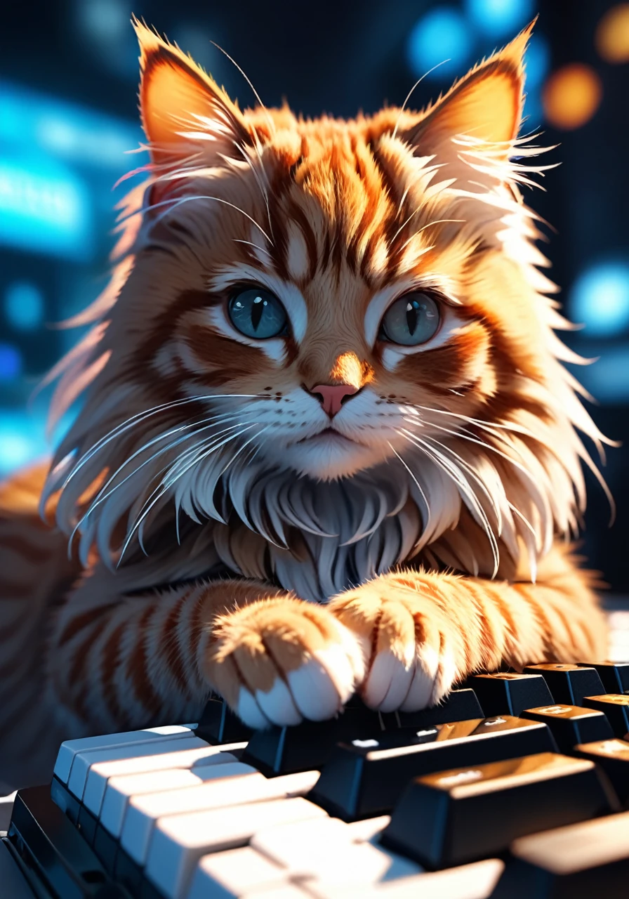 High resolution,Best Quality,natural, Cat pressing keys on a computer keyboard, cinematic photo official art, 8K Wallpaper,ultra detailed, aesthetic quality,photorealistic,entangle,dynamic angle,The most beautiful form of chaos.,elegant,a brutalist designed,vivid colors,romance,atmospheric . 35mm photography, movie, bokeh, professional, 4k, Very detailed, realistic skin detail, ultra realistic,perspective