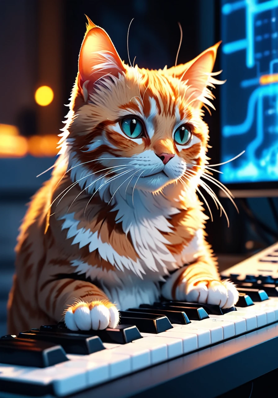 High resolution,Best Quality,natural, Cat pressing keys on a computer keyboard, cinematic photo official art, 8K Wallpaper,ultra detailed, aesthetic quality,photorealistic,entangle,dynamic angle,The most beautiful form of chaos.,elegant,a brutalist designed,vivid colors,romance,atmospheric . 35mm photography, movie, bokeh, professional, 4k, Very detailed, realistic skin detail, ultra realistic,perspective